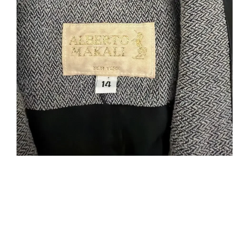 Alberto Makali Vintage Black Jacket Herringbone Leather Trim Preppy Blazer 14